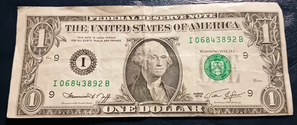 1974-One-Dollar-Bill--Cut-Weird-And-Not-Centered