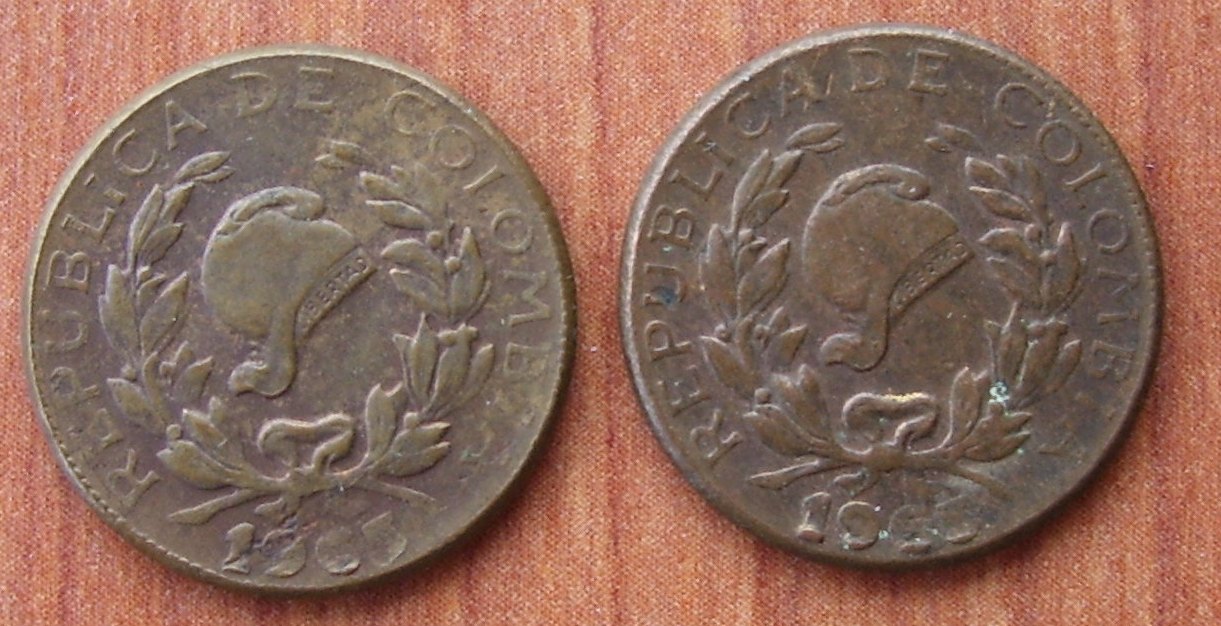 Two-One-Cent-Colombian-Coins--1965