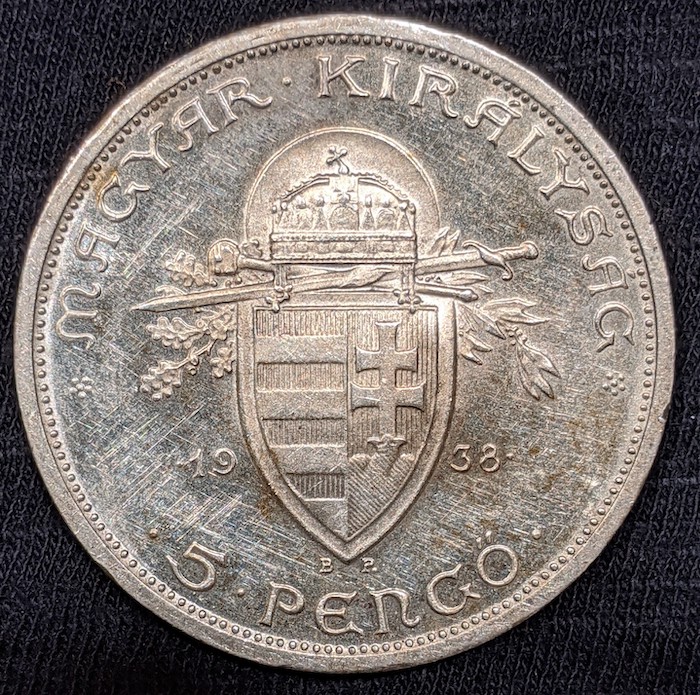 1938-Hungary-5-Pengo,-Cleaned?