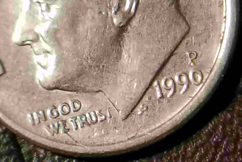 1990-P-Roosevelt-Dime,-2nd-T-In-Trust-Is-Small-Almost-Missing-Norm?