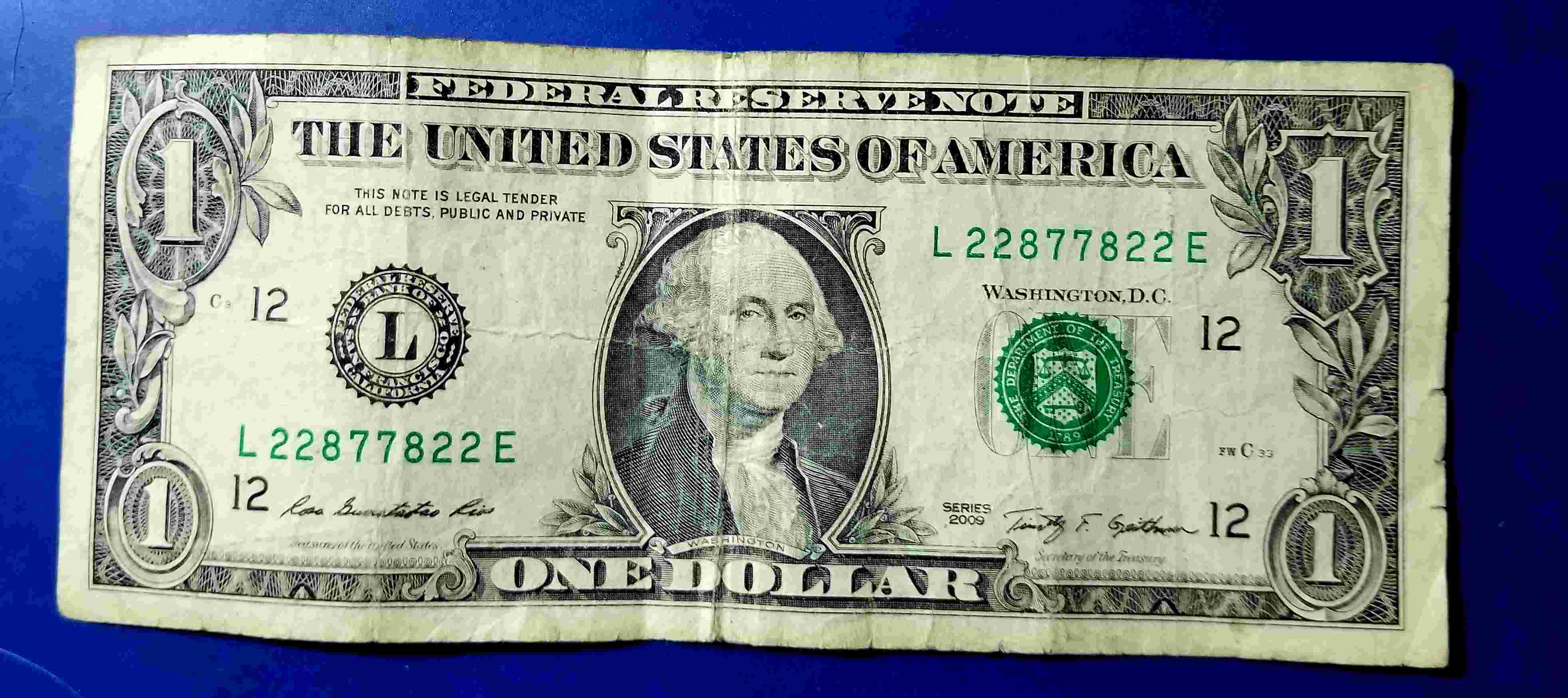 Washington-1-Dollar-Note-Series-2009-Serial#-22877822-Good?