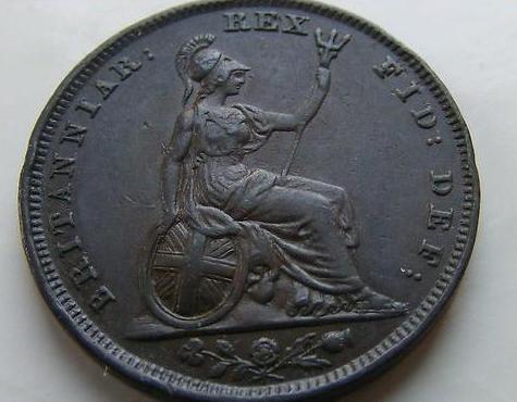 1828-George-IV-Farthing.-Very-Nice-Details,-Damgaged-Rim-: