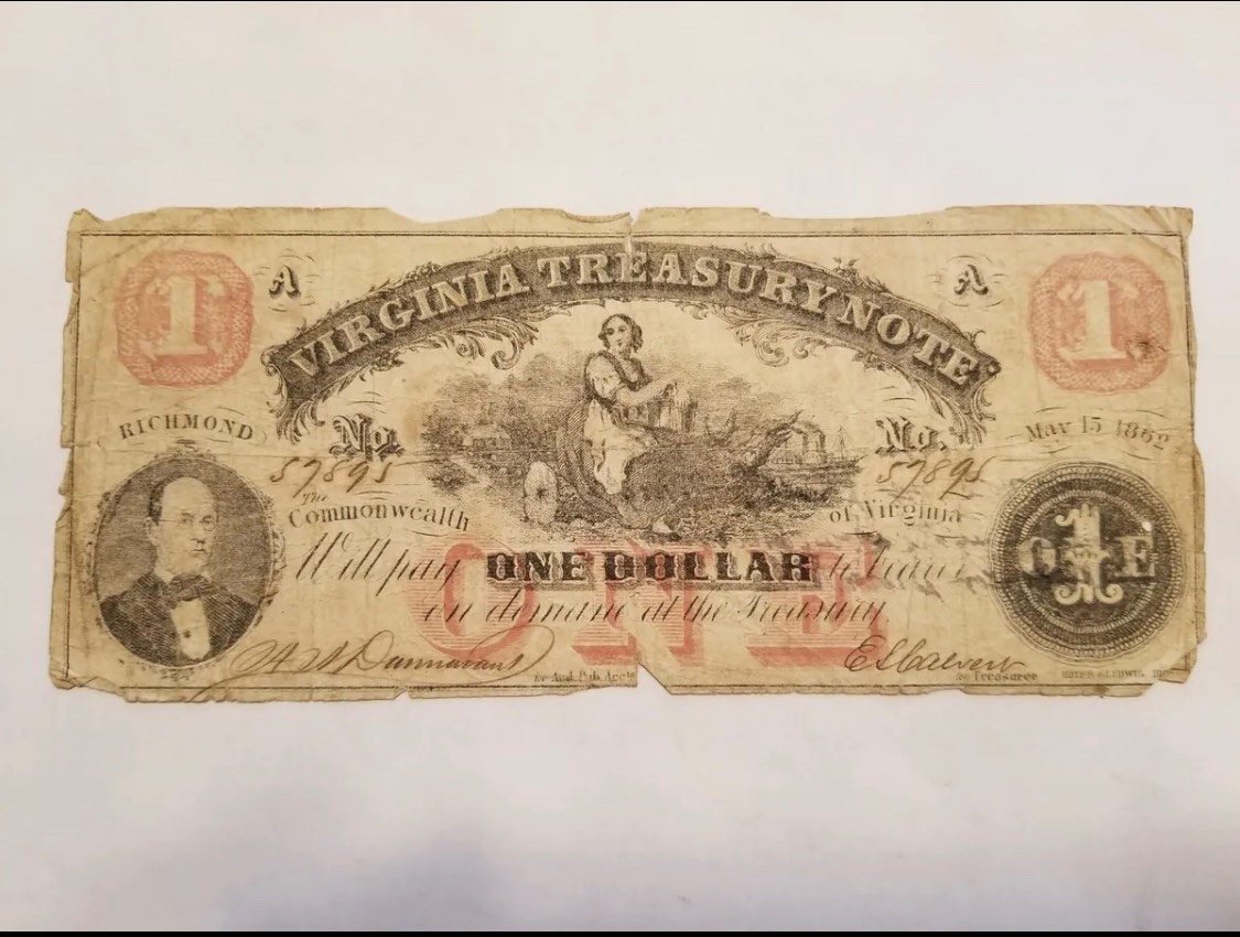 May-15,-1862-$1-Virginia-Treasury-Note--Interesting-Writing-On-Reverse