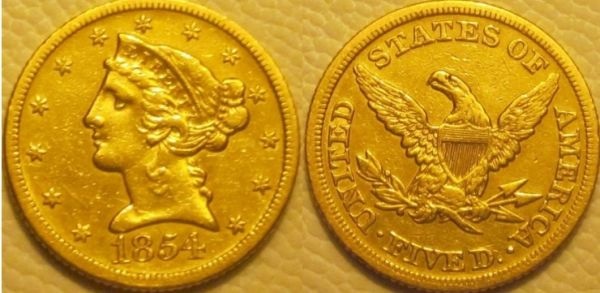 1854-P-$5-Gold-Liberty-Head-Half-Eagle,-Double-Die-Observe
