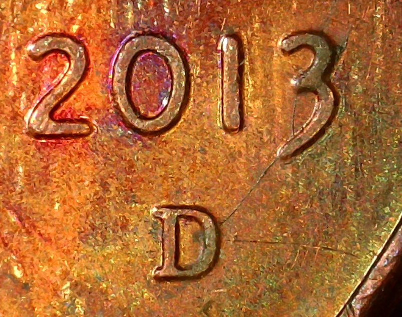 2013-D-Lincoln-Shield-Cent-With-Crazy-Toning-And-Texture.