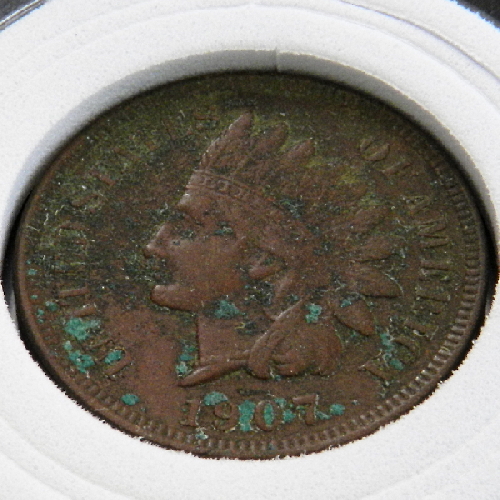 1907-Indian-Head,-Possibly-XF-40,-Green-Patina-Or-Bronze-Disease?