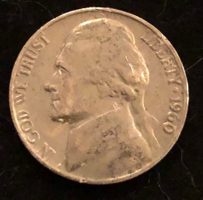 1960-Jefferson-Nickel,-Nice-Example-Of-Die-Deterioration-Doubling