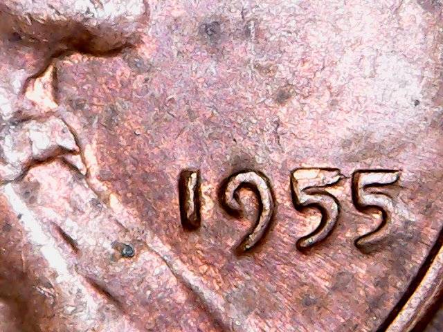 1955-P-Wheat-Cent-Lamination-Head,-Die-Chip-Possible-DDO