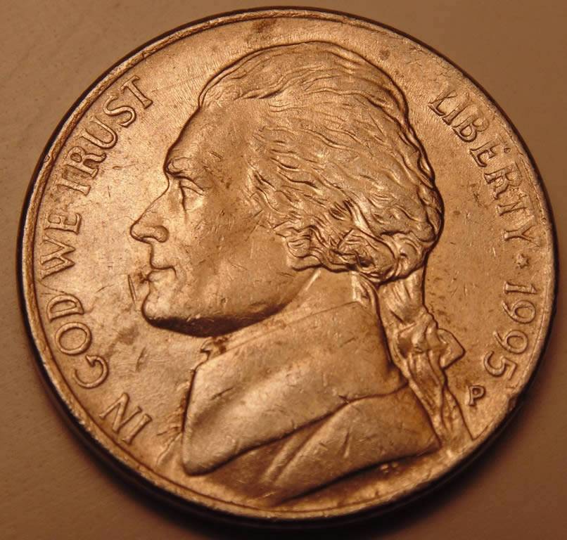 1995-Jefferson-Nickel-Lines-On-Reverse!