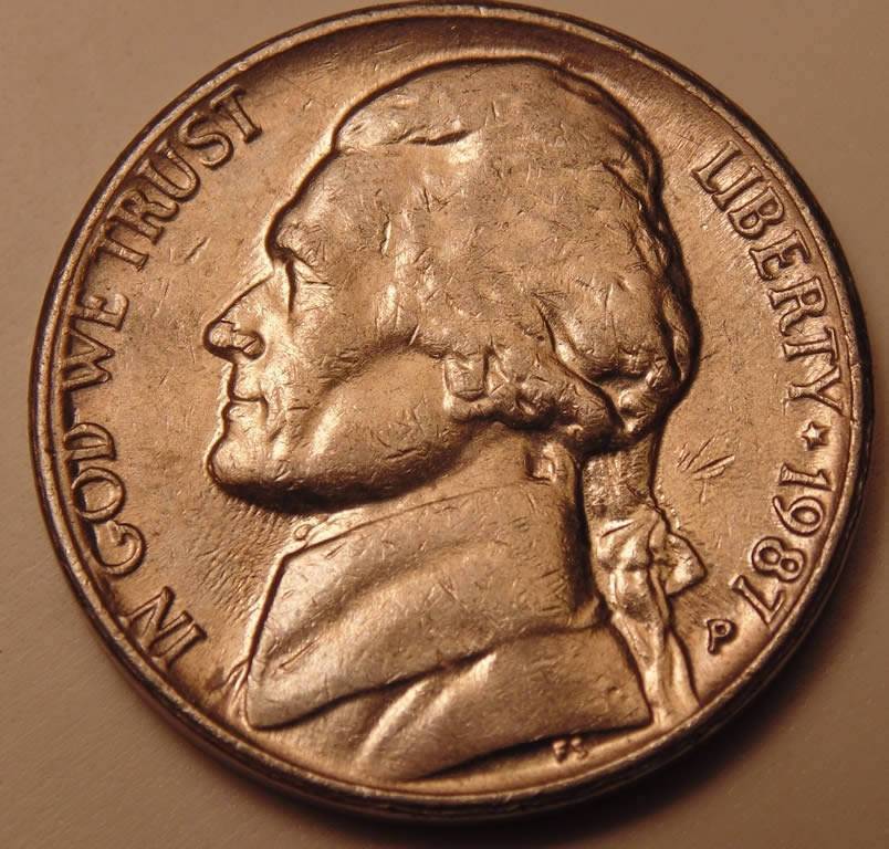 1987-P-Jefferson-Nickel,-Buldge-Under-God-We!