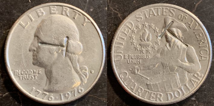 Struck-Through-Foreign-T-Shaped-Object-Obverse-And-Reverse-1976-Quarter