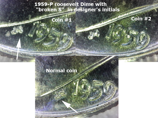 1959-P-Roosevelt-Dime-Broken-S-Designer's-Initials