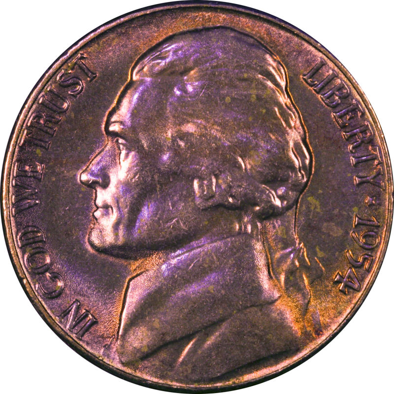 Purple,-Red-&-Yellow-Toned-1954-P-Jefferson-Nickel