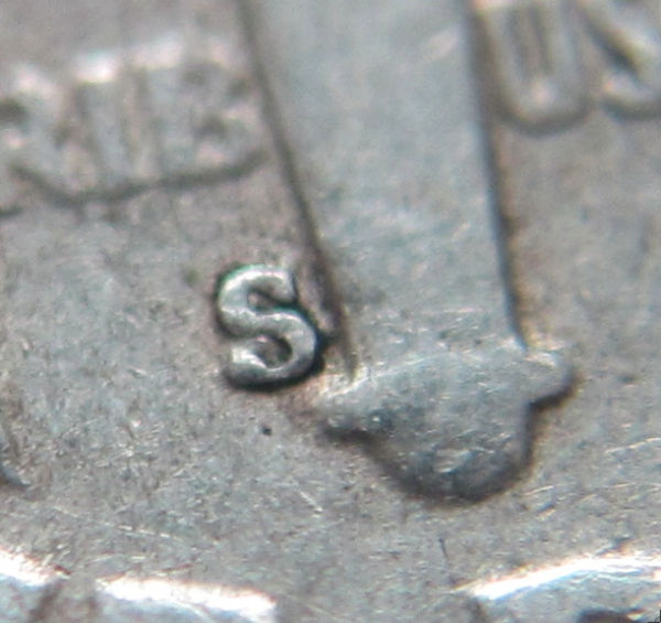 1955-S-Rosie-Dime,-Possible-Mint-Mark-In-Sticks-Close-Up