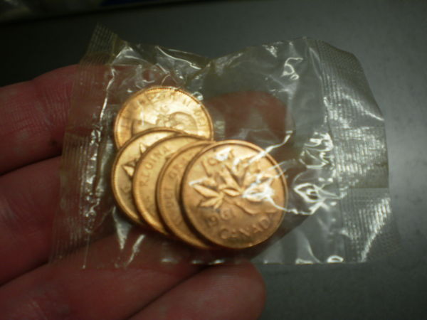 Curious-About-5-Pack-Of-1961-Canada-1-Cent-In-Cellophane