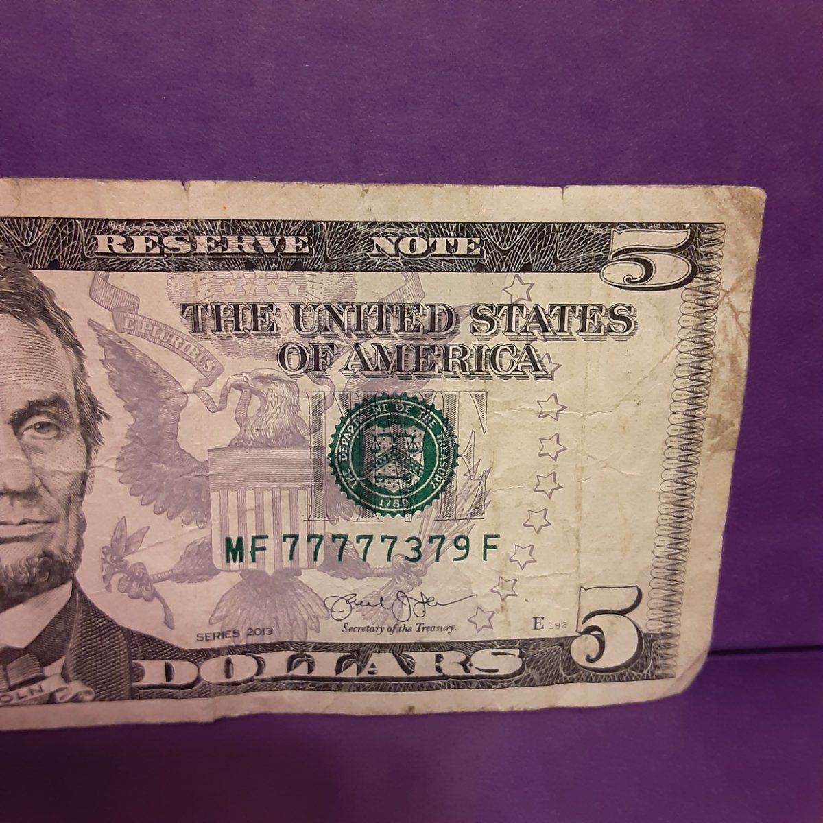 $5-Bill-With-Unique-Serial-Number-77777379-Condition-Value
