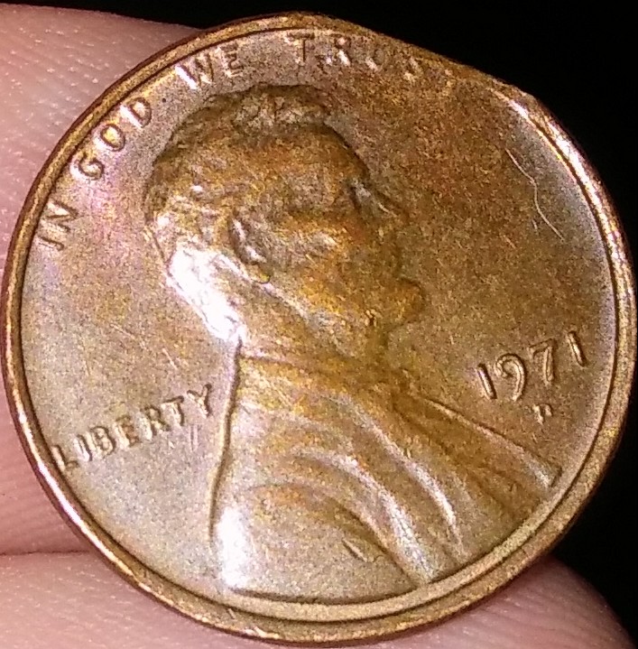 1971-D-Lincoln-Penny.-PMD,-Slightly-Clipped-Planchet,-Or-Alterations?