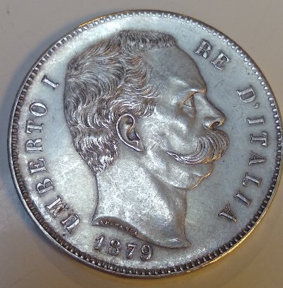 1879-Umberto-5-Lira;-Likely-Cleaned