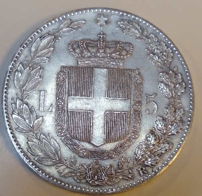 1879-Umberto-5-Lira;-Likely-Cleaned