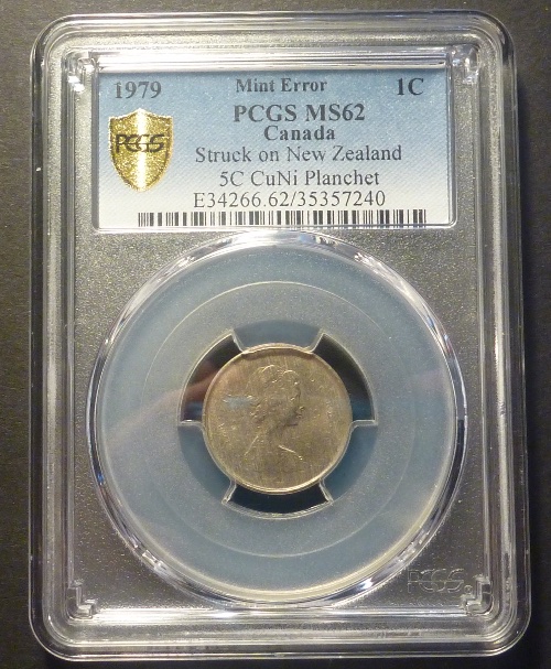1979-1-Cent,-Struck-On-New-Zealand-5c-Cu-Ni-Planchet-With-DDD
