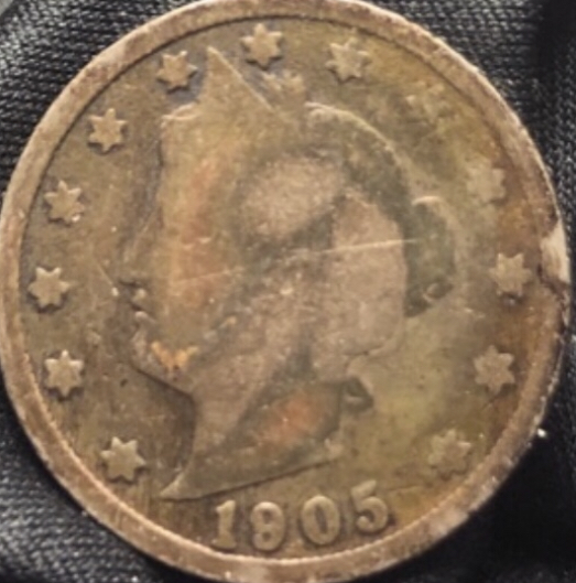 1905-V-Nickel---Strike-Through-W/Lincoln-Cent...very-Copper-Looking?