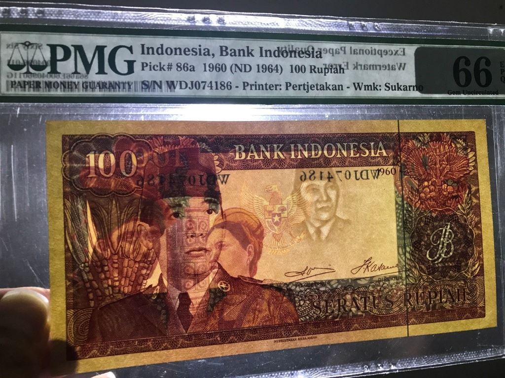 Stolen-Banknote---Indonesia,-1960,-100-Rupiah,-PMG-66EPQ,-Watermark-Error