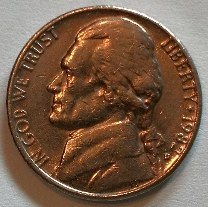 1982-D-Jefferson-Nickel--Struck-Through-Or-PMD?