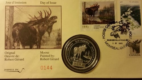 1995-Montreal-Moose-1-Oz-Silver-Round-Canada-Post-First-Day-Of-Issue