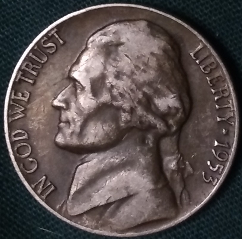 1953-Jefferson-Nickel/Black,-Gun-Metal