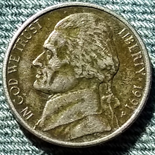 1991-P-Jefferson-Nickel/Dark-Green/Brown
