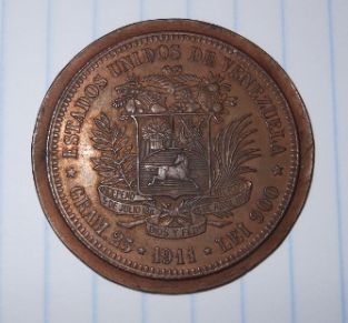 Copper-Reverse-Of-1911-Venezuela-5-Bolivares