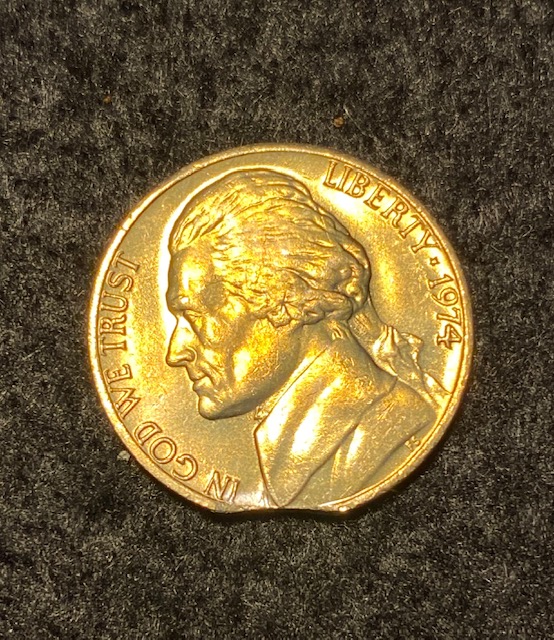 1974-Jefferson-Nickel-Mint-Error?-Irregular-Cut-Planchet