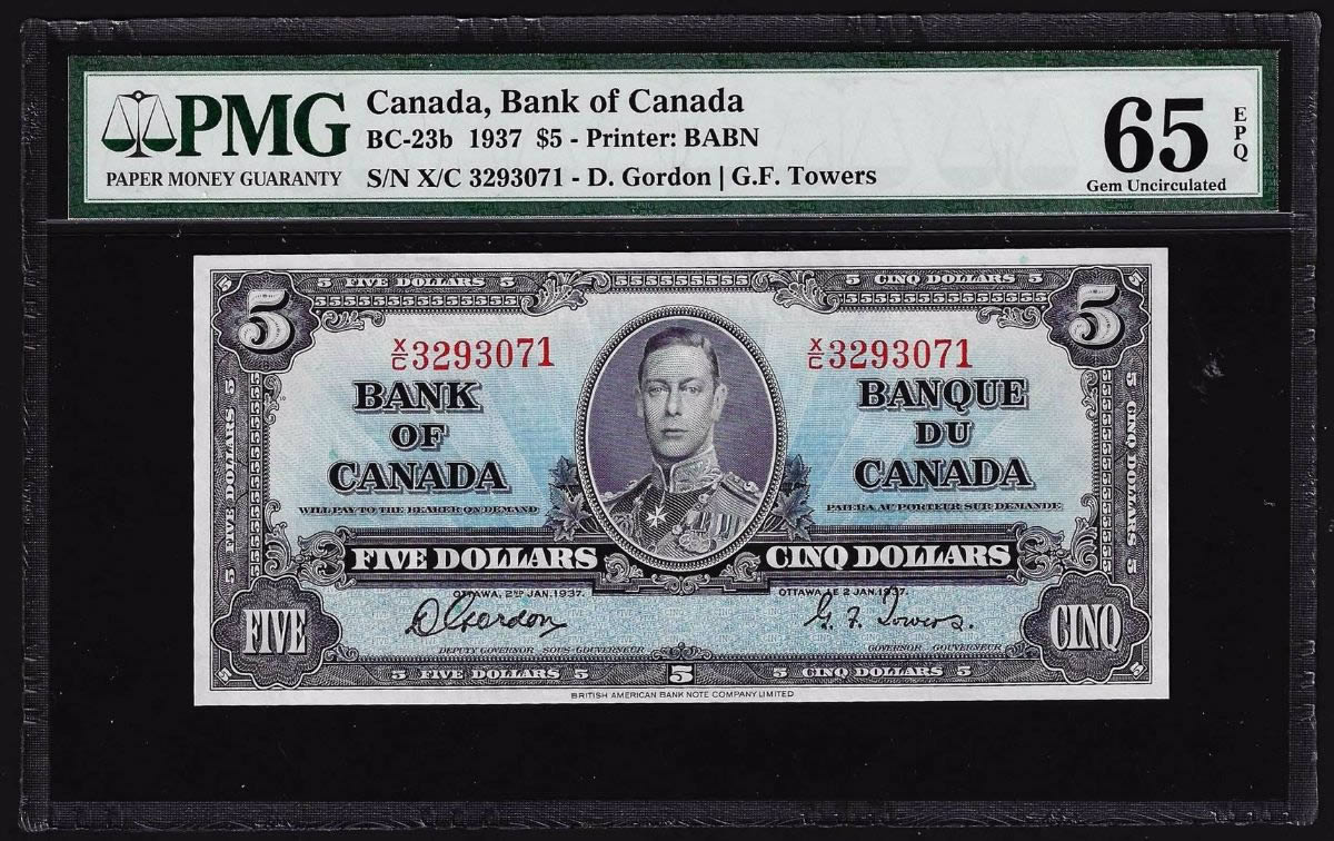 1937-$5-Canadian-Bank-Note-X-C