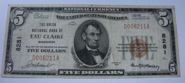 1929-$5-Union-National-Bank-Note-Eau-Claire