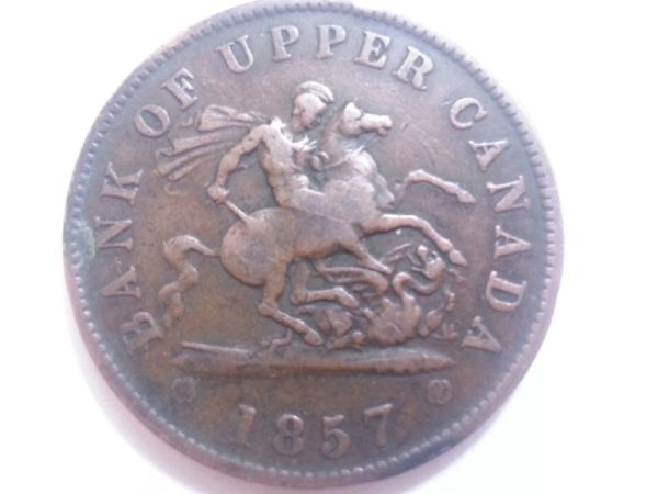 1857-Bank-Of-Upper-Canada,-One-Penny-~grades-Please!~