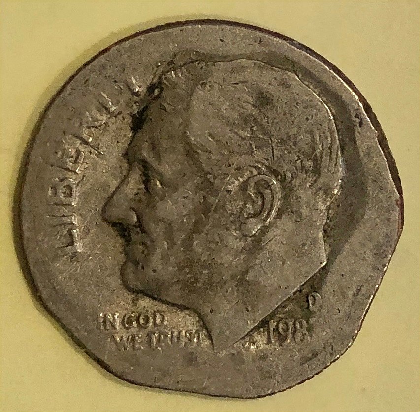 1987-D-Roosevelt-10c-Planchet-Damage-?