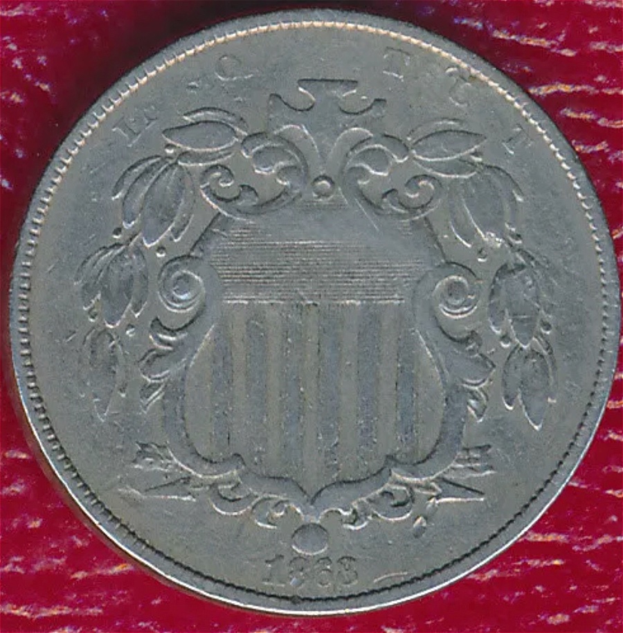 1868-Shield-Nickel-Struck-Through-Grease