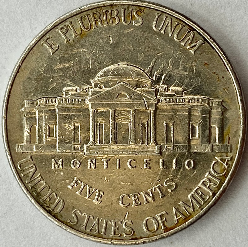 No-Date-Jefferson-Nickel-Struck-Through-Capped-Die-With-Atypical-Clashed-Dies