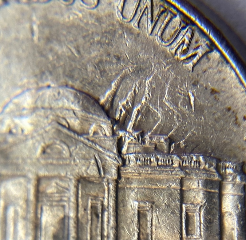 No-Date-Jefferson-Nickel-Struck-Through-Capped-Die-With-Atypical-Clashed-Dies