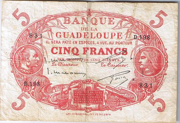1934-Guadeloupe-5-Francs---Doubled-Second-Printing-!