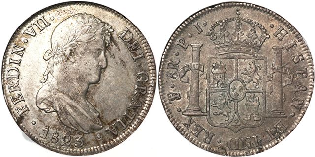 Bolivia-1823-Potosi-Pj-8-Reales---NGC-AU-55