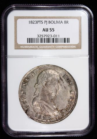 Bolivia-1823-Potosi-Pj-8-Reales---NGC-AU-55