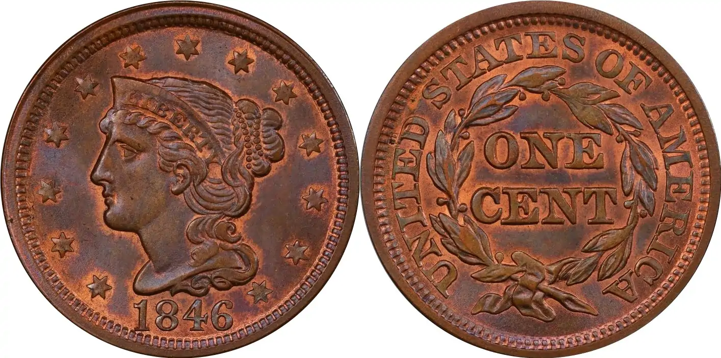 1846 Braided Hair Large Cent 1846 Braided Har Large Cent CAC MS66RB Tall Date 1846 Braided Hair Large Cent 1846 Braided Har Large Cent CAC MS66RB Tall Date