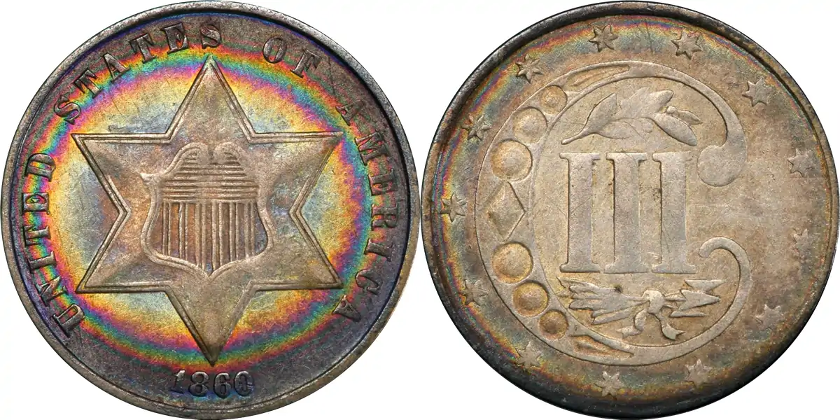 1860 Silver Three Cent Piece 1860 Silver 3 Cent Piece PCGS XF45 1860 Silver Three Cent Piece 1860 Silver 3 Cent Piece PCGS XF45