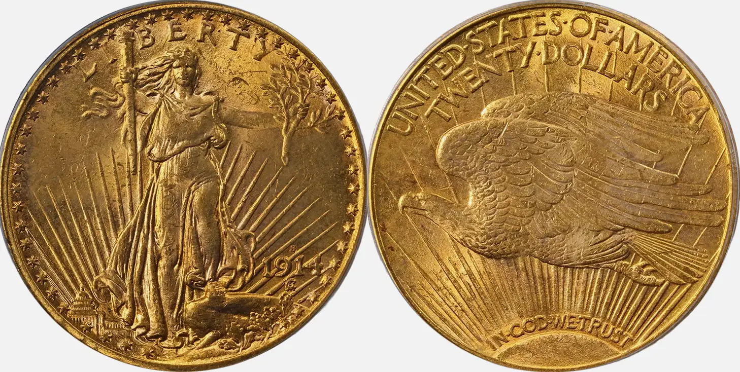 1914 S Saint Gaudens Double Eagle 1914-S Saint-Gaudens Gold $20 PCGS MS63 1914 S Saint Gaudens Double Eagle 1914-S Saint-Gaudens Gold $20 PCGS MS63