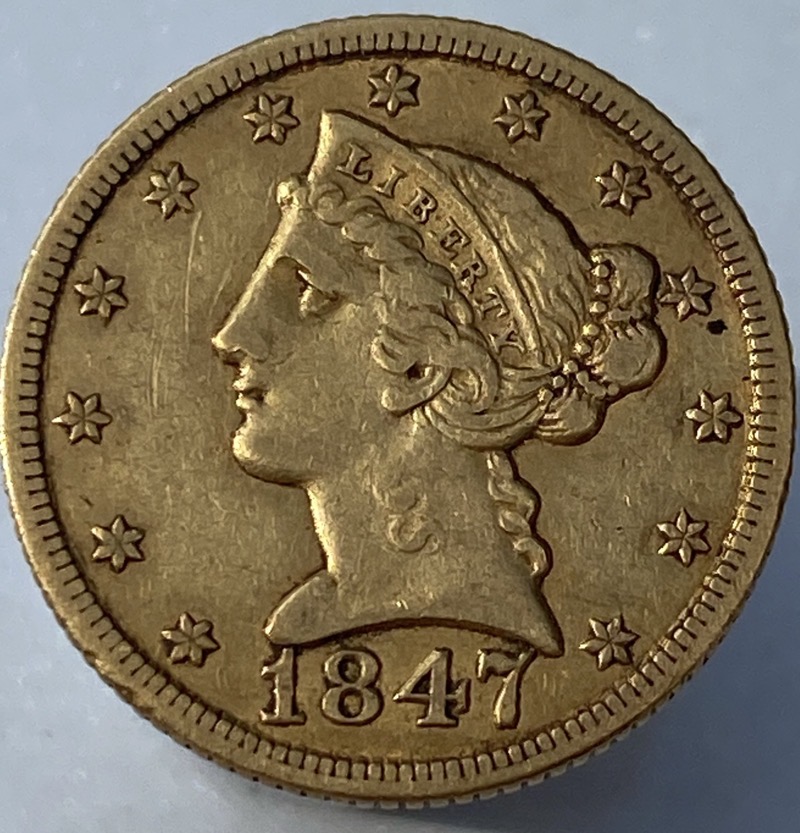 1847-Coronet-Head-$5----Grade?