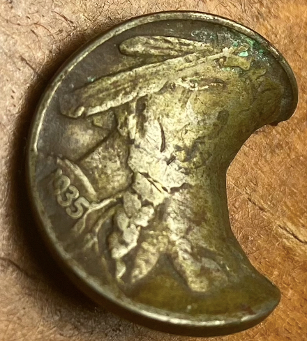 1935-Buffalo-Nickel-With-WW2-Bullet-Hole-?