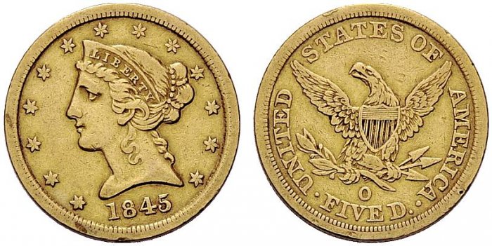 1845-Half-Eagle-O-Mint