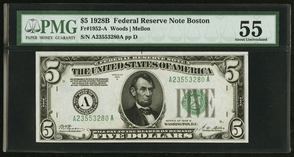1928-B--Fed-Reserve--$5.00-Gold-Note