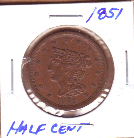 1851---Coronet-Half-Cent---Ef40?